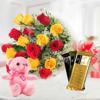Roses & Teddy With Chocolate